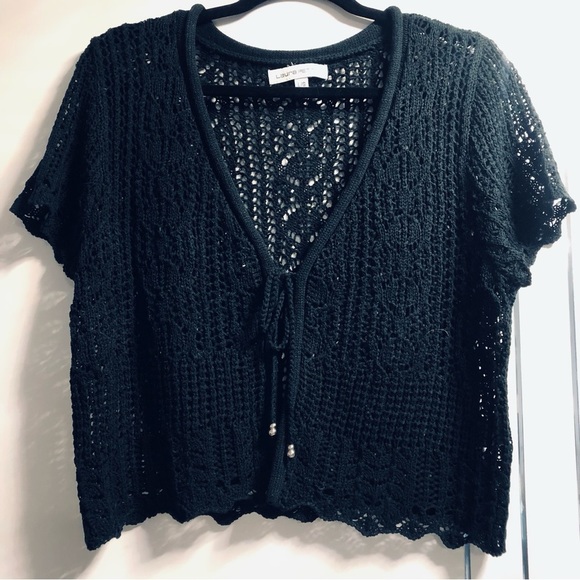 Laura Petites Large Black Crochet Lacey Crop Sweater Wrap Bolero Shrug - Picture 1 of 7